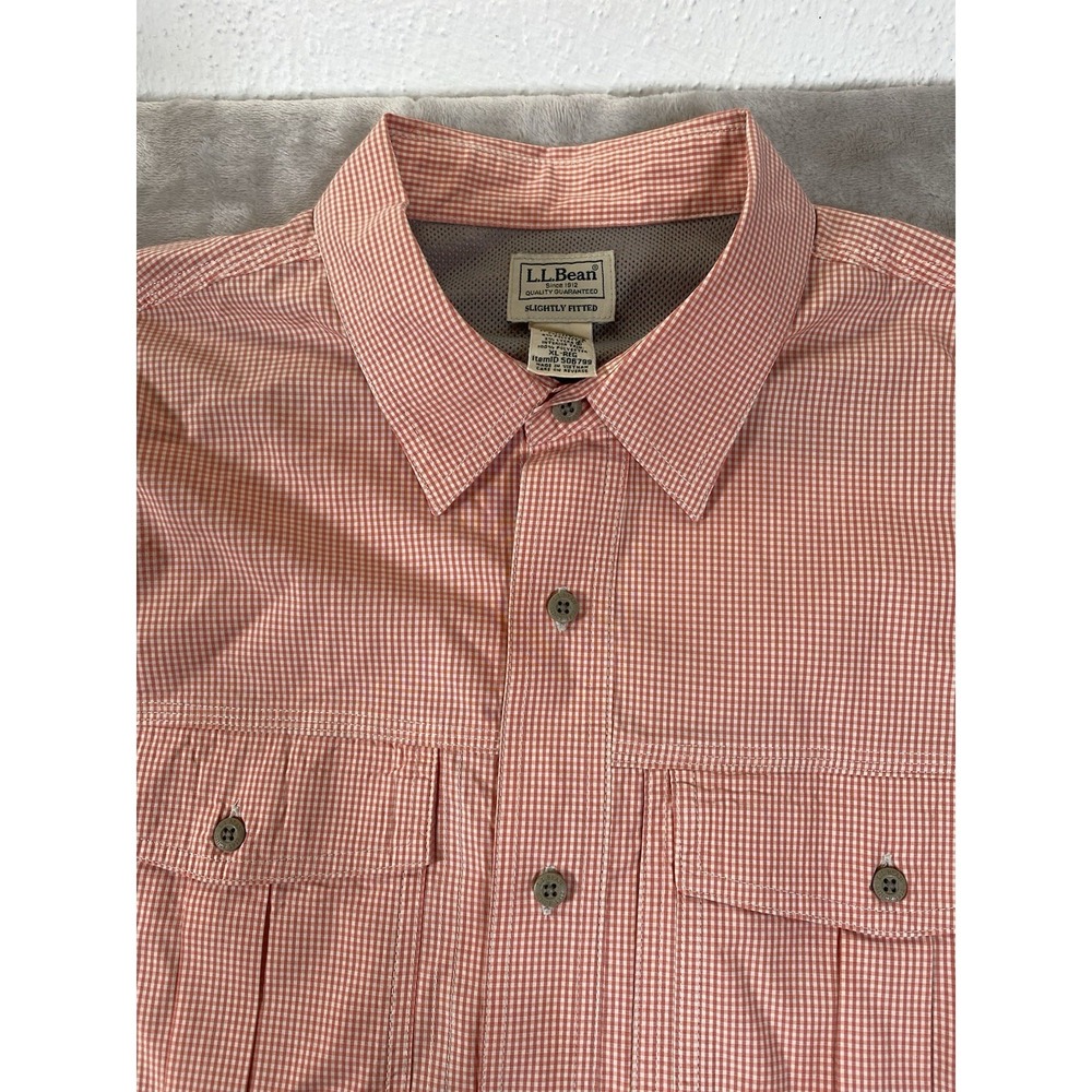 LL Bean Shirt Mens Orange XL Micro‎ Check Performance Coolmax Fishing Hiking